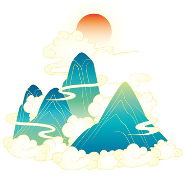 宝绿色国潮山脉山峰手绘图
