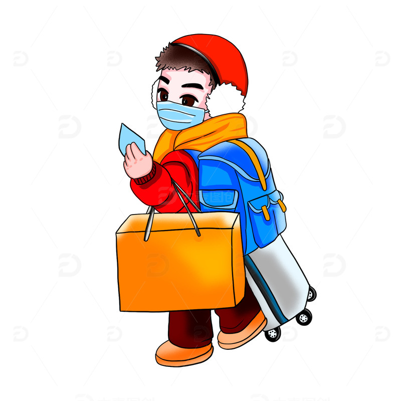 手绘新年春节回家少年插画