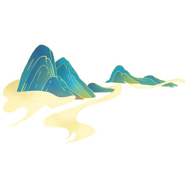 手绘国潮新年蓝绿色新国风山水画祥云天空