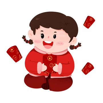 除夕小女孩手抱压岁钱手绘图