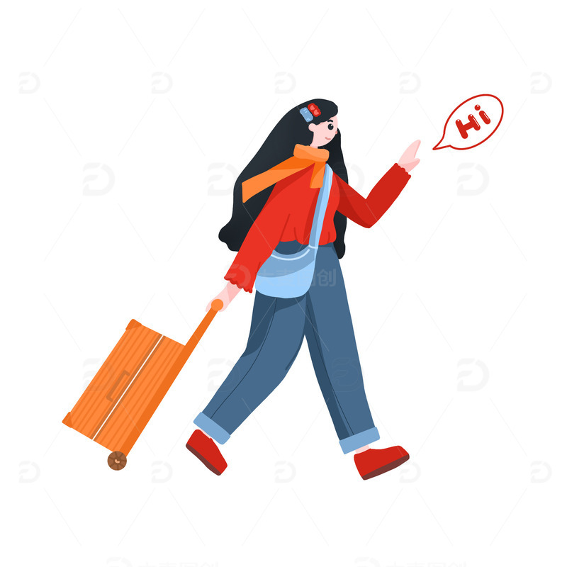 卡通新年春运女孩打招呼拉行李箱旅游回家