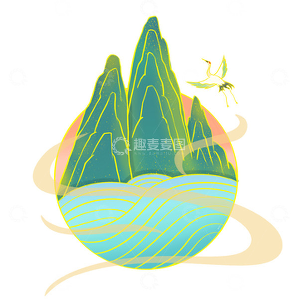 源文件下载【趣麦麦图】国潮 绿色 山水画 仙鹤 手绘 插画