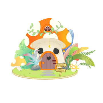 暖色系小清新卡通蘑菇屋小房子立春手绘图