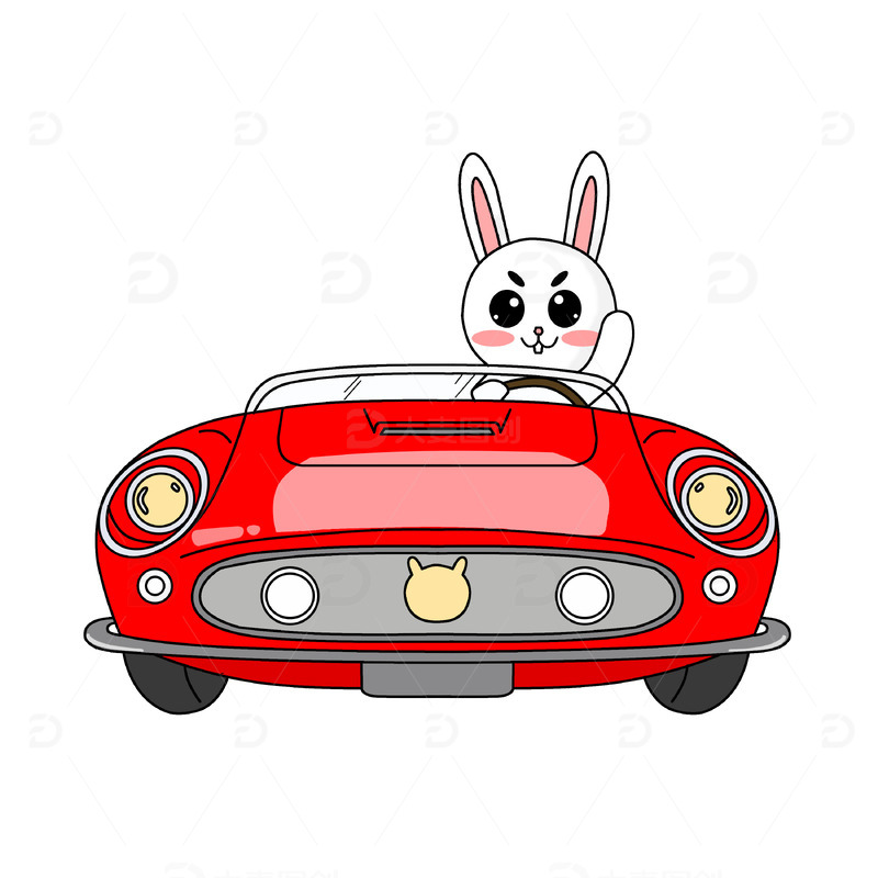 开正面红色汽车的卡通兔子