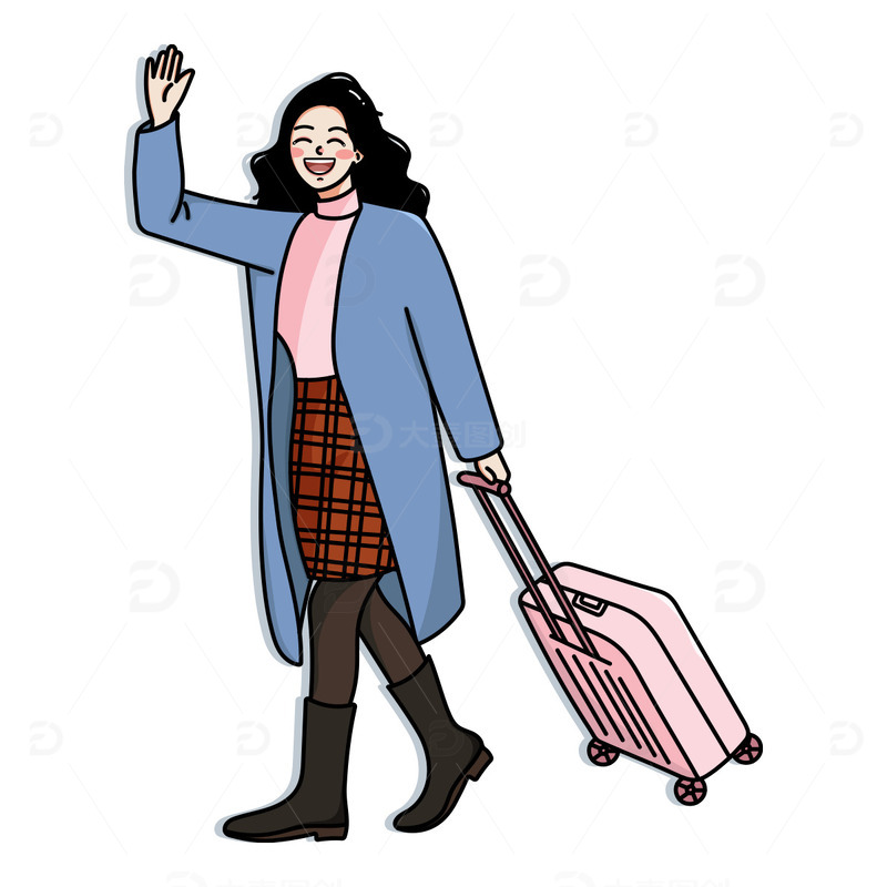 女生拖行李箱回家过年手绘人物插画