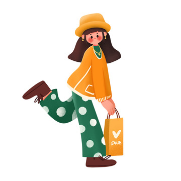 扁平可爱小女孩开心购物人物插画