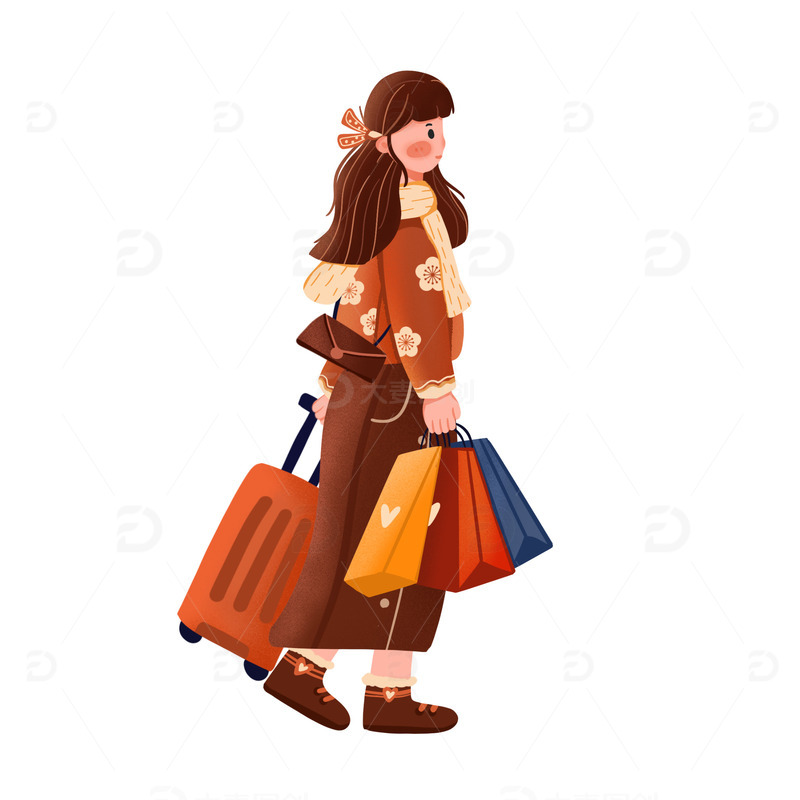 简约可爱春运带行李礼物回家女孩插画