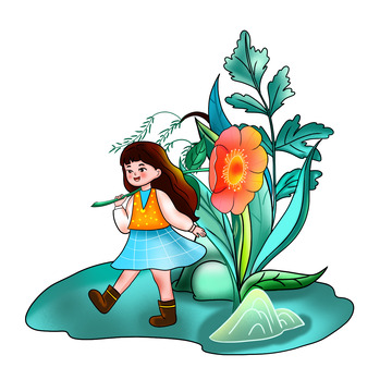 手绘春天立春清新人物卡通小插画