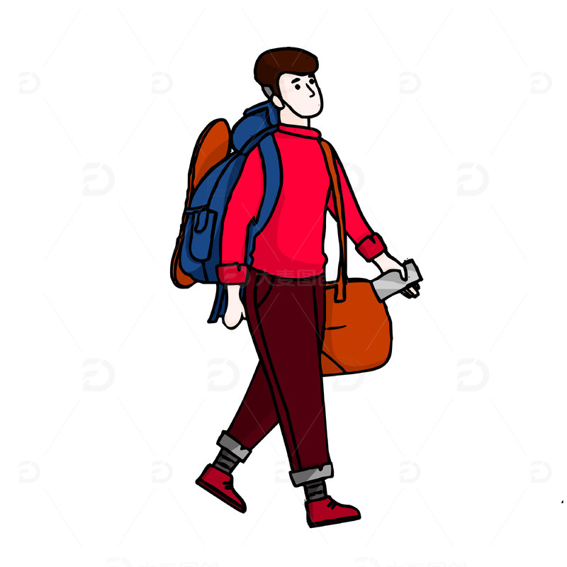穿红色衣服背着背包回家的男人