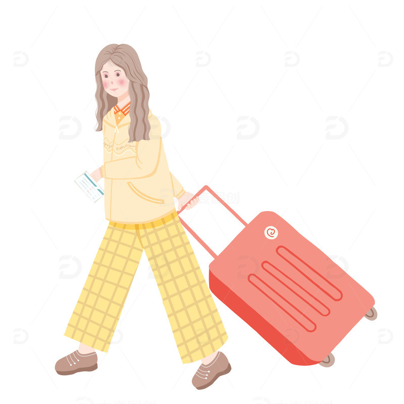 女孩拖着行李箱回家过年手绘元素