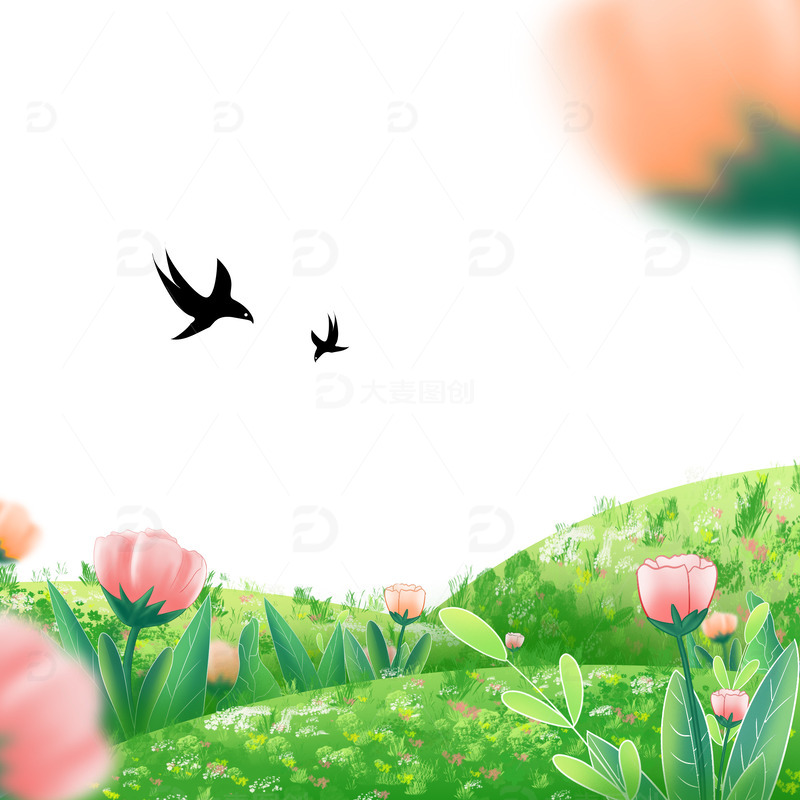 春天清新绿色植物场景手绘立春装饰元素