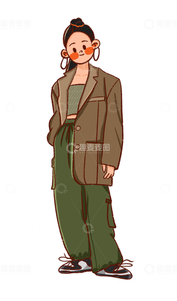 源文件下载【趣麦麦图】-时尚穿搭穿西装的酷女孩人物插画素材