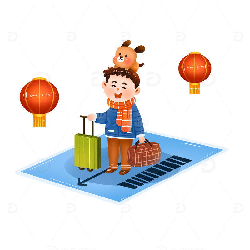 手绘卡通车票回家过年免抠元素