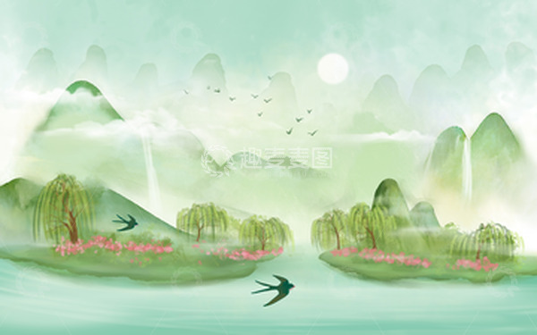 源文件下载【趣麦麦图】古风立春春季山水杨柳飞燕插画