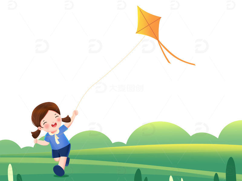 绿色小清新春天放风筝的女孩元素