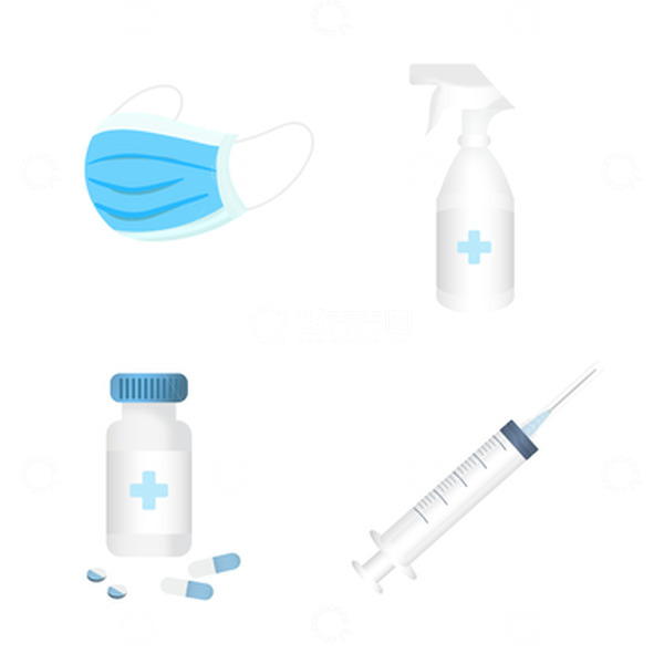 源文件下载【趣麦麦图】蓝白色渐变色防疫用品口罩药品消毒液针管