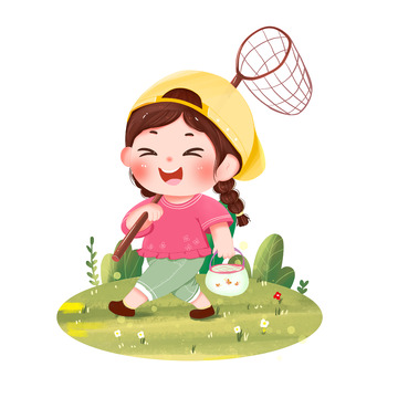 手绘卡通可爱儿插捕蝴蝶人物女孩