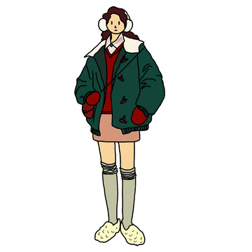 人物插画 女孩 大学生 冬季 卡通