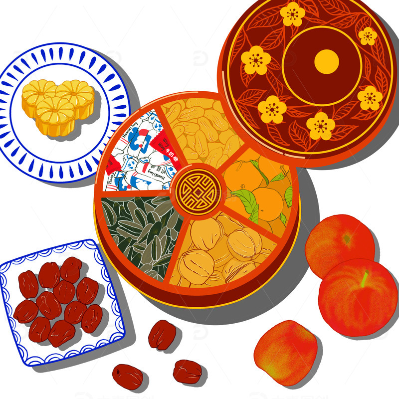 手绘春节节日团圆桌面场景