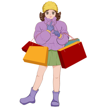 彩色手绘买年货卡通人物