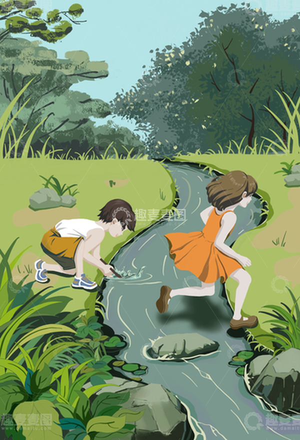 源文件下载【趣麦麦图】绿色小清新夏天童年手绘卡通人物图