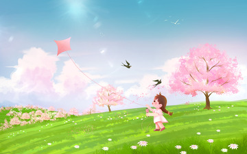 手绘卡通立春春季女孩放风筝插画背景
