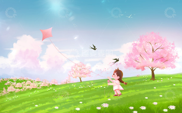 源文件下载【趣麦麦图】-手绘卡通立春春季女孩放风筝插画背景