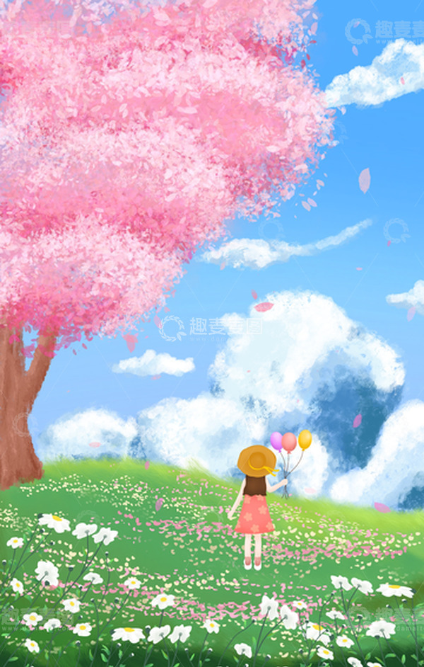 源文件下载【趣麦麦图】春天粉色樱花小清新草地女孩手绘插画