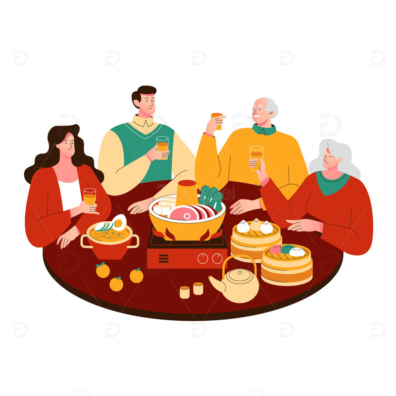 新年春节回家过年团圆饭插画素材