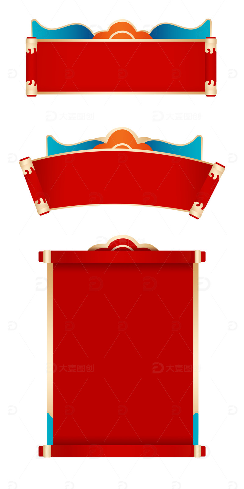 年货节红色国风卷轴边框元素