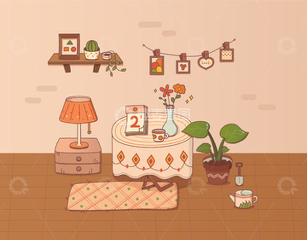 源文件下载【趣麦麦图】暖色立春可客厅盆栽春意场景地毯绿植