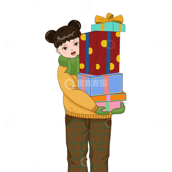 源文件下载【趣麦麦图】-小清新手绘卡通送年货的小姑娘