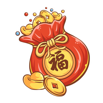 红色喜庆国潮年货手绘节钱币福袋