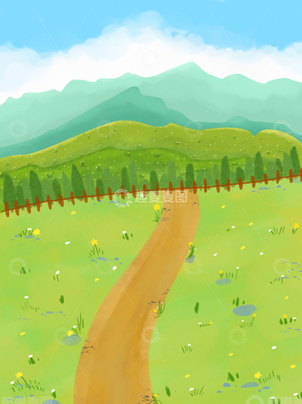 源文件下载【趣麦麦图】绿色清新高山树木草地立春插画