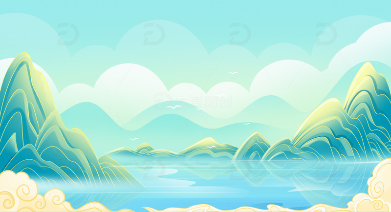 源文件下载【趣麦麦图】立春国潮山水绿色国潮风山水海报背景