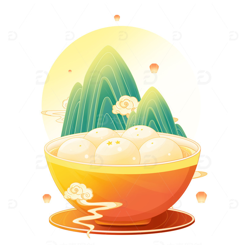 国潮元宵节汤圆山水组合元素