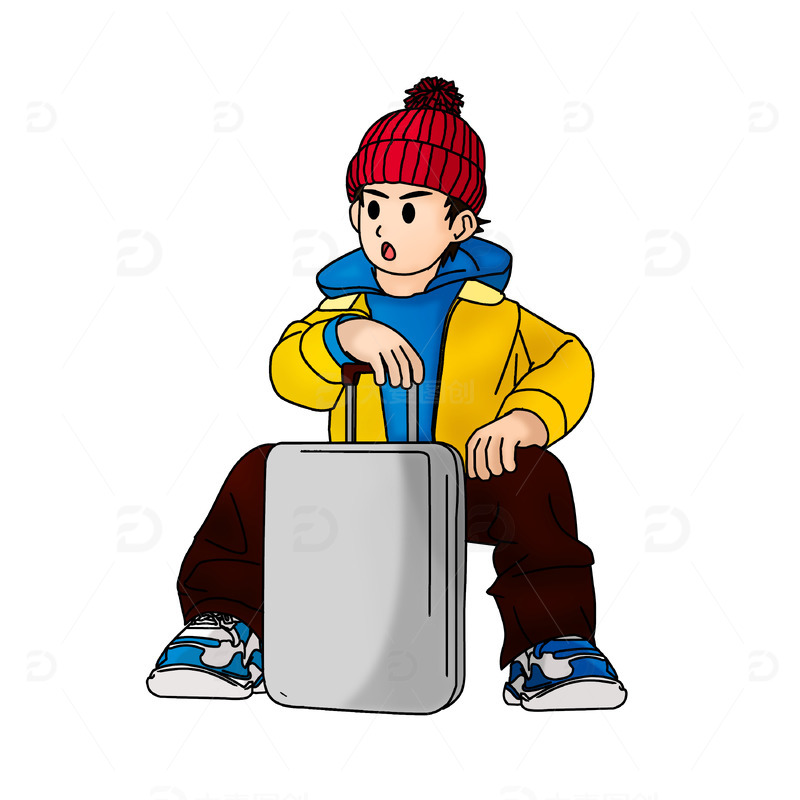 坐着拿行李箱戴帽子的男孩