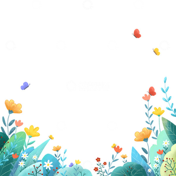 源文件下载【趣麦麦图】手绘小清新卡通花草花朵蝴蝶草丛绿植绿叶