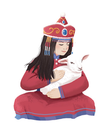 色彩鲜艳靓丽蒙族抱羊可爱美丽女孩