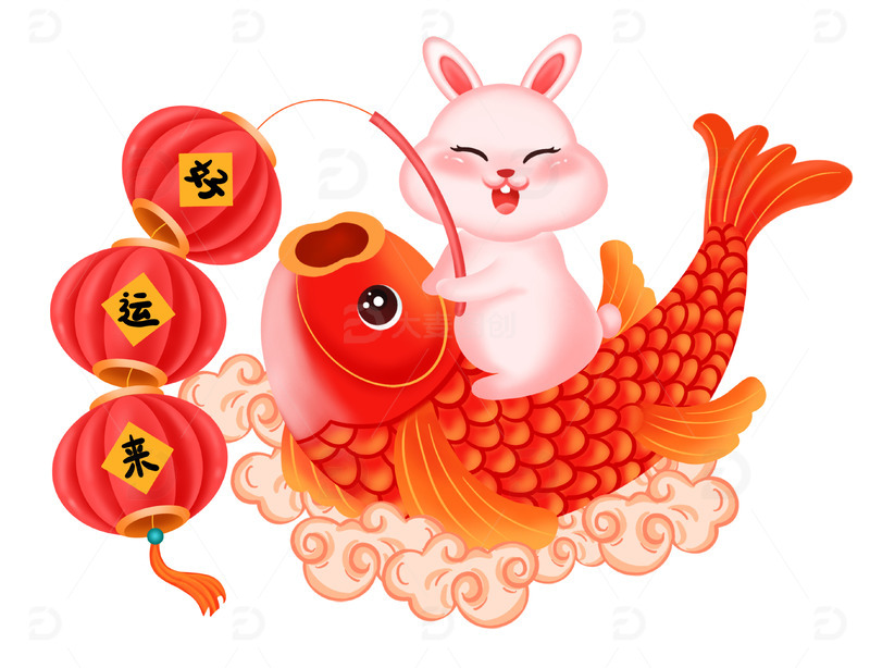 手绘卡通兔子骑鲤鱼海报喜庆插画装饰元素