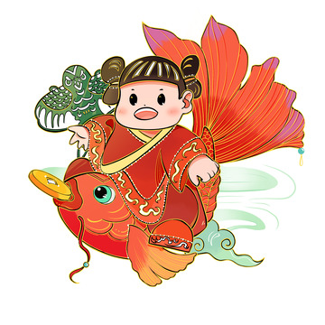 红色国潮年画娃娃年年有余锦鲤过年手绘图