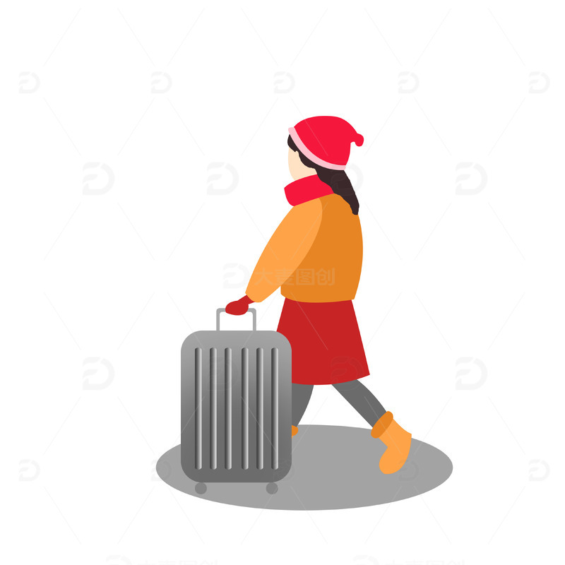 红色卡通春运拖行李箱的人回家过年