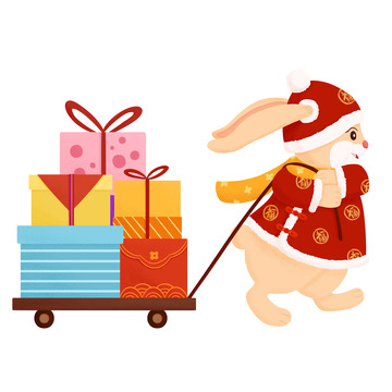 红色喜庆兔子备年货拉板车新年手绘卡通插画