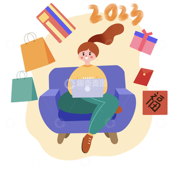 源文件下载【趣麦麦图】2023网上购物年货节卡通女孩在家购物
