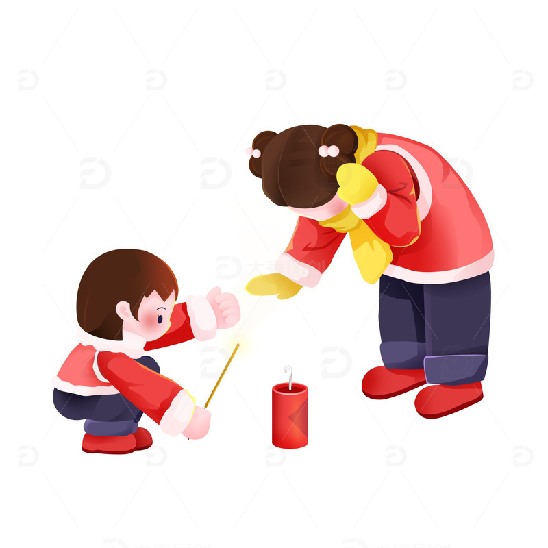 除夕夜放烟花的姐妹俩扁平插画