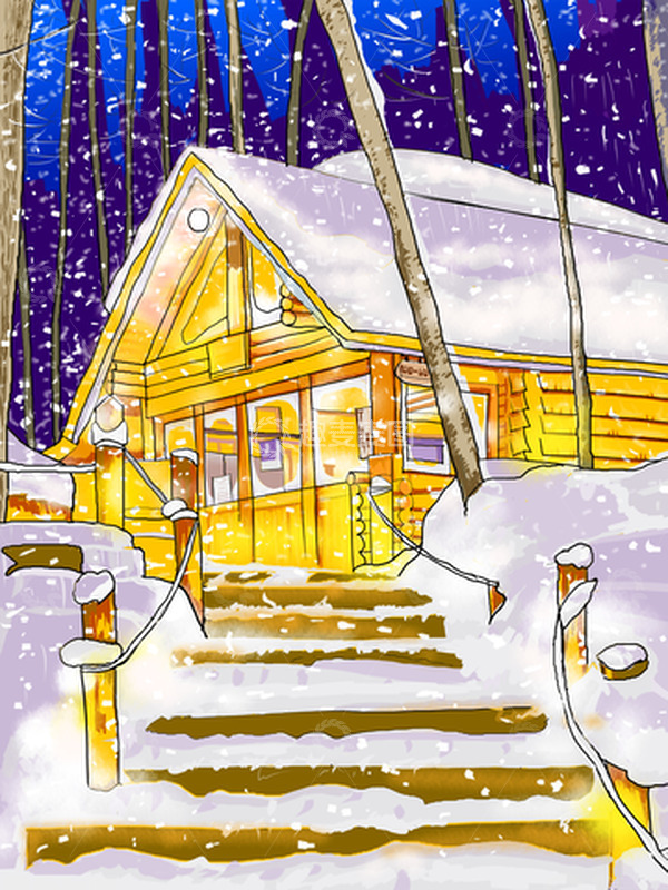 源文件下载【趣麦麦图】冬天夜晚雪景木屋