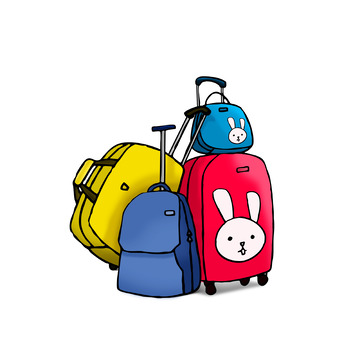 堆积的红色黄色蓝色卡通行李箱