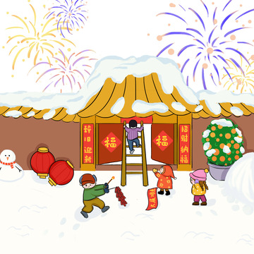 红色贴对联贴春联挂灯笼放鞭炮迎新春新年