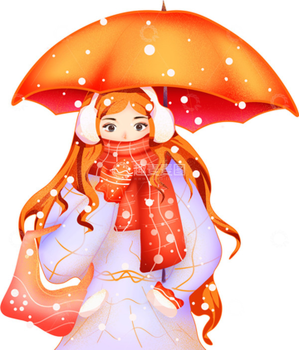 源文件下载【趣麦麦图】红色手绘冬季下雪过年打伞女孩