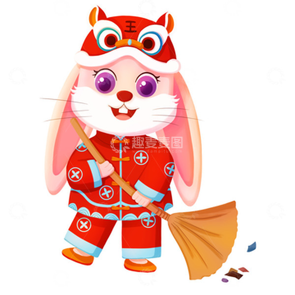 源文件下载【趣麦麦图】红色喜庆春节兔子扫地新年大扫除除尘手绘